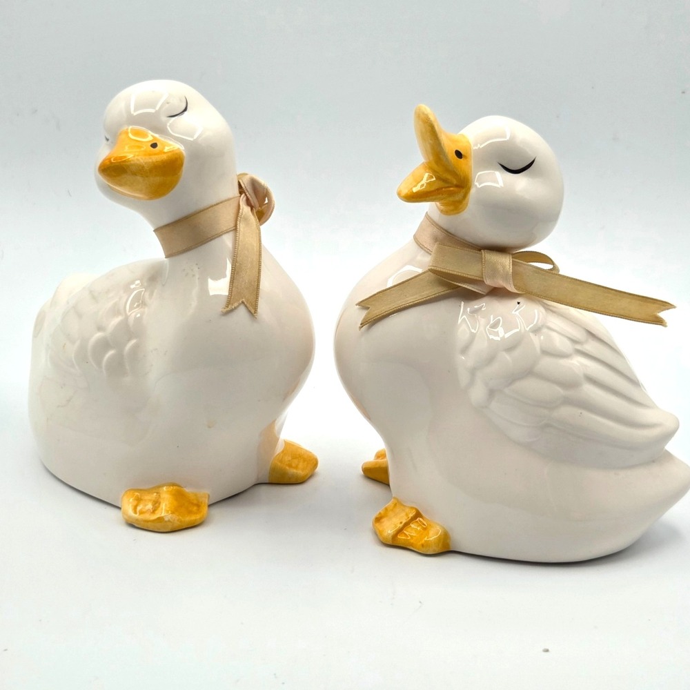 Pair of White Ceramic Ducks Figurines by Impulse Giftware Farm Country Cottage